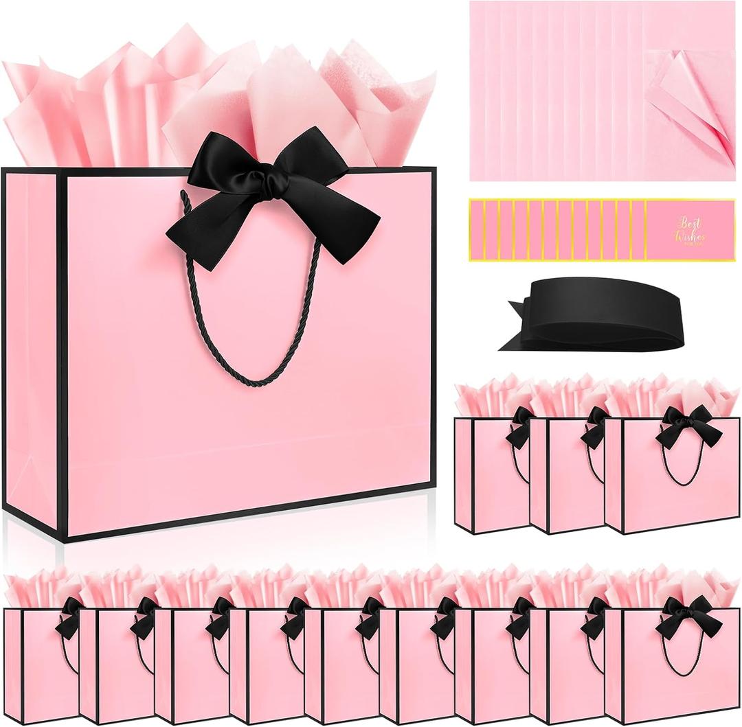 Ethhqu 12 Pack Gift Bags with Handles Include Tissue Papers & Cards, Medium Size 12.6104'' Thank You Gift Bags Medium Size for Birthday, Mother's Day, Wedding, Bridesmaids (Pink and Black)