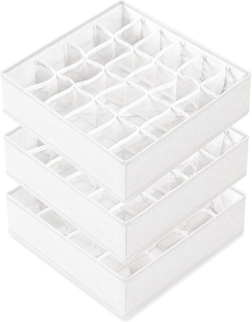 Criusia 3 Pack Sock Underwear Drawer Organizer Dividers, 64 Cell Fabric Foldable Cabinet Closet Organizers and Storage Boxes for Storing Socks, Panties, Ties (16+24+24 Cell, White)