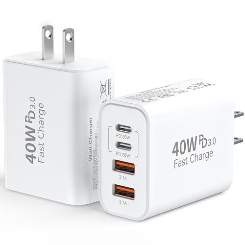 USB C Wall Fast Charger Block, 40W 4-Port Type C Charger Fast Charging Blocks PD Power Charger Adapter+QC 3.0 USB Multiport Charger Brick for iPhone 16/15/14/13/12 Pro Max, iPad, Galaxy S24/23-2Pack