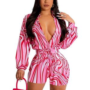 Women's Sexy Long Sleeve Rompers Deep V Neck Elastic Waisted Printed Shorts Jumpsuits One Piece Outfit, size L