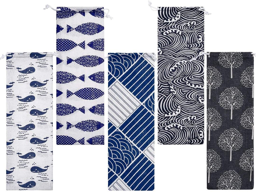 Tatuo 5 Pieces Straw Carrying Case Reusable Cutlery Pouch Portable Drawstring Bag, Storage Travel Bag for Straws, Knife, Fork, Spoon,chopsticks Stainless Steel,glass,silicone(11.7 x 3.9 Inch)