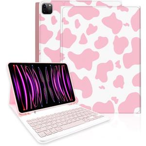 TopPerfekt Keyboard Case for iPad Pro 12.9" 6th/5th/4th/3rd Gen (2022/2021/2020/2018), Magnetically Absorbent, Auto Sleep/Wake,Support 2nd Gen Pencil Wireless Charge, with Pencil Holder - Pink Cow