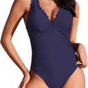 AI'MAGE Women's One Piece Swimsuit Deep V Neck Bathing Suit Scallop Trim Swim Suits Crisscross Back Tie Slimming Swimwear (Medium)