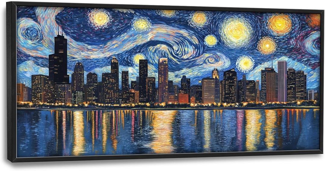 Chicago Skyline Wall Art, Starry Night Chicago Pictures Wall Decor, USA Cityscape Canvas Prints Painting, Large Building Panoramic Framed Artwork for Living Room Bedroom Office Bathroom Dining Room 60"x 30"