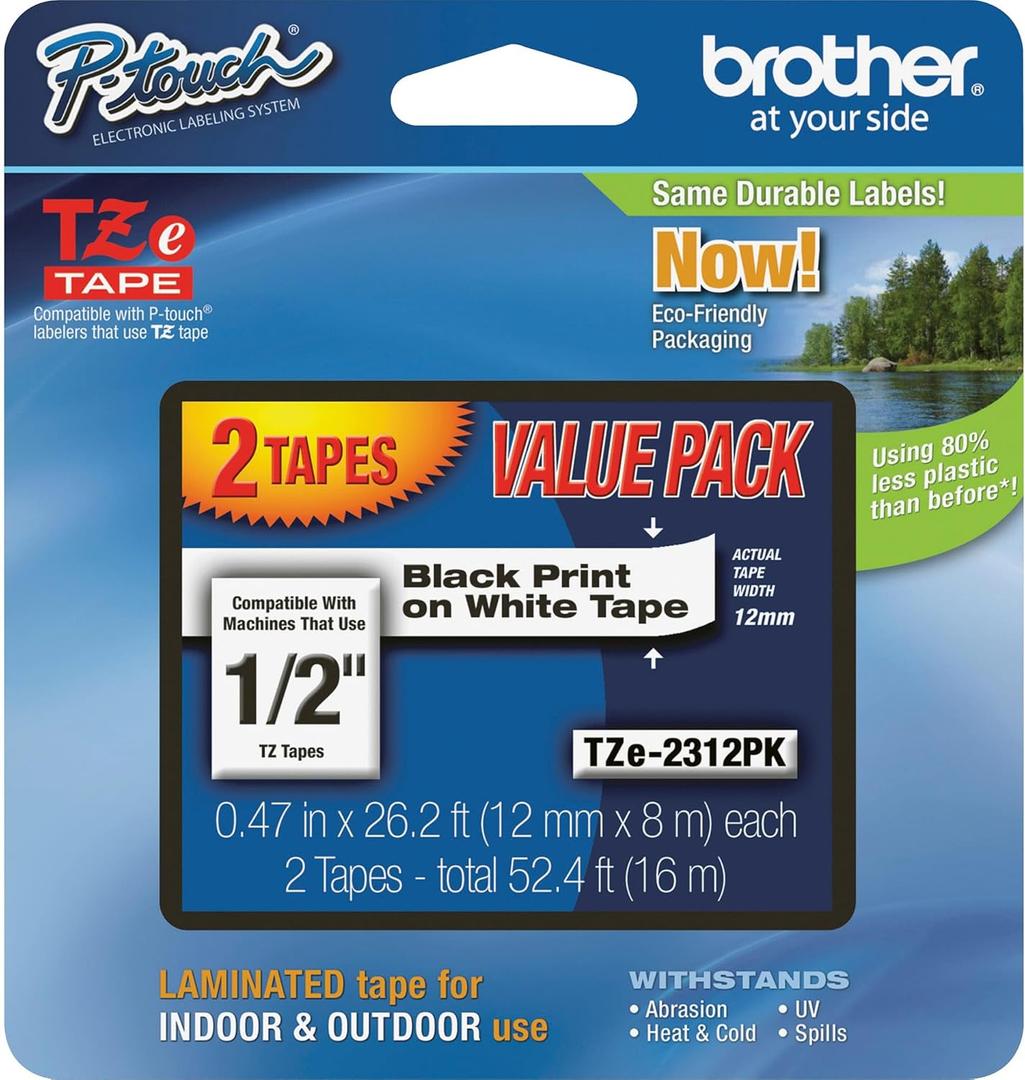 Brother Genuine P-Touch, TZe-231 2 Pack Tape (TZE2312PK) (0.47) x 26.2 ft. (8m) Laminated P-Touch Tape, Black on White (Pack of 2)