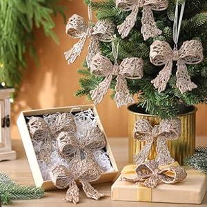 Thyle 12 Pcs Glitter Christmas Bow Ornaments for Christmas Tree Decorations 3.94'' Champagne Shiny Wreath Bows Pendant Xmas Tree Hanging Ornaments for Holiday Winter Home New Year Party Decorations