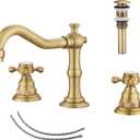 2 Handles 3 Holes Faucet Widespread Bathroom Sink Faucet Antique Brass Basin Tap Mixer Supply Hose Included Matching Metal Pop Up Drain