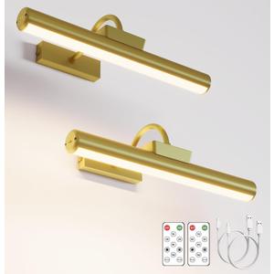 Picture Light Battery Operated, 13in Wireless Art Light for Paintings, Dimmable 5000mAh Recharging Battery Picture Light with Remote Control for Wall, Gallery Dartboard Art Bedroom (Gold-2PACK)