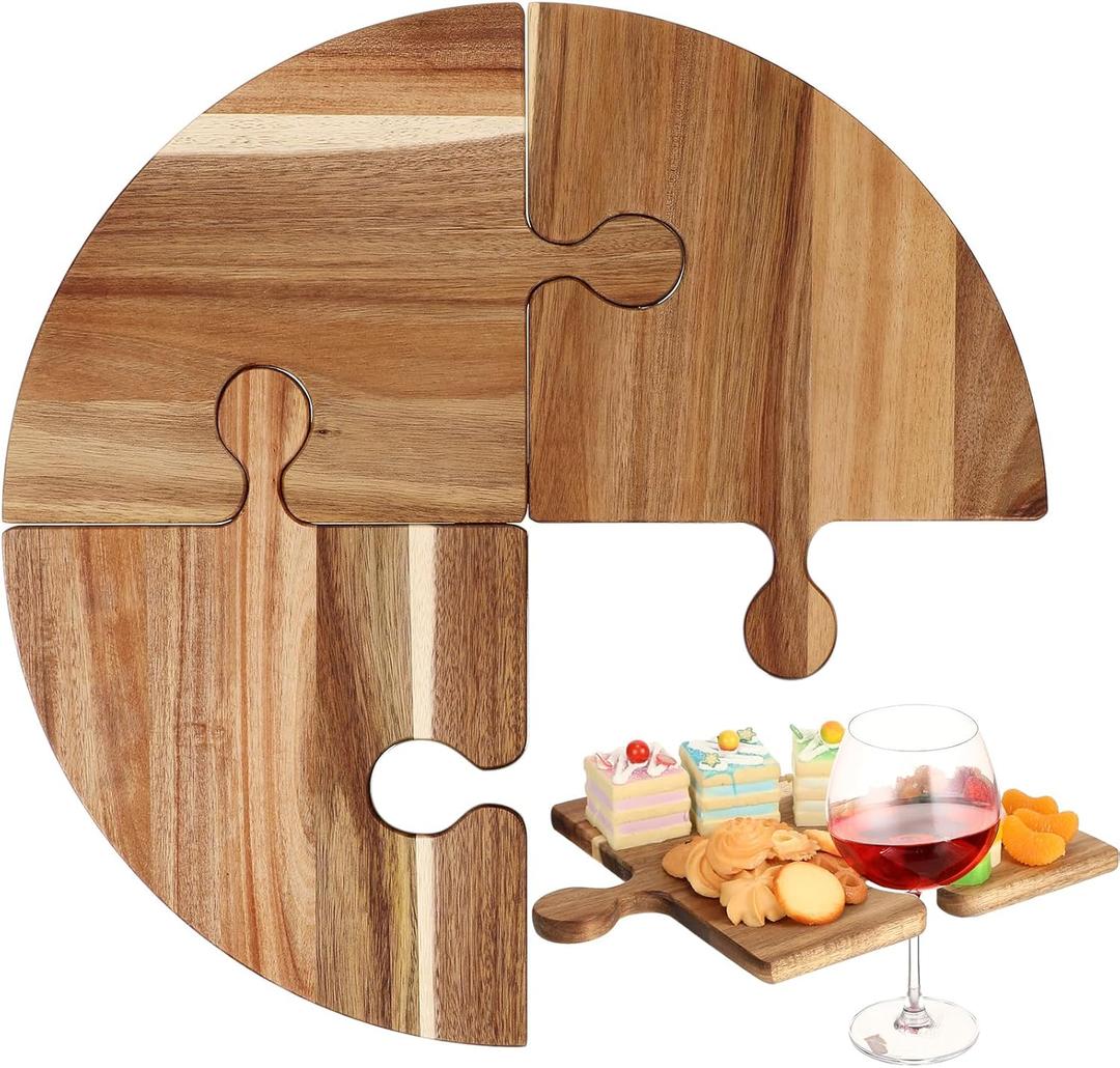Acacia Wood Puzzle Serving Tray Cutting Board Set of 4 Large Charcuterie Boards with Handle Serving Tray for Meat, Cheese, Fruit, Vegetables, 19.69'' x 19.69''