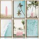 6Pcs Summer Beachy Wall Art, coastal Surfing Poster Prints, Boho Tropical Palm Tree Canvas, 12x16 Unframed, for Girls Bedroom Dorm Apartment Home Decor