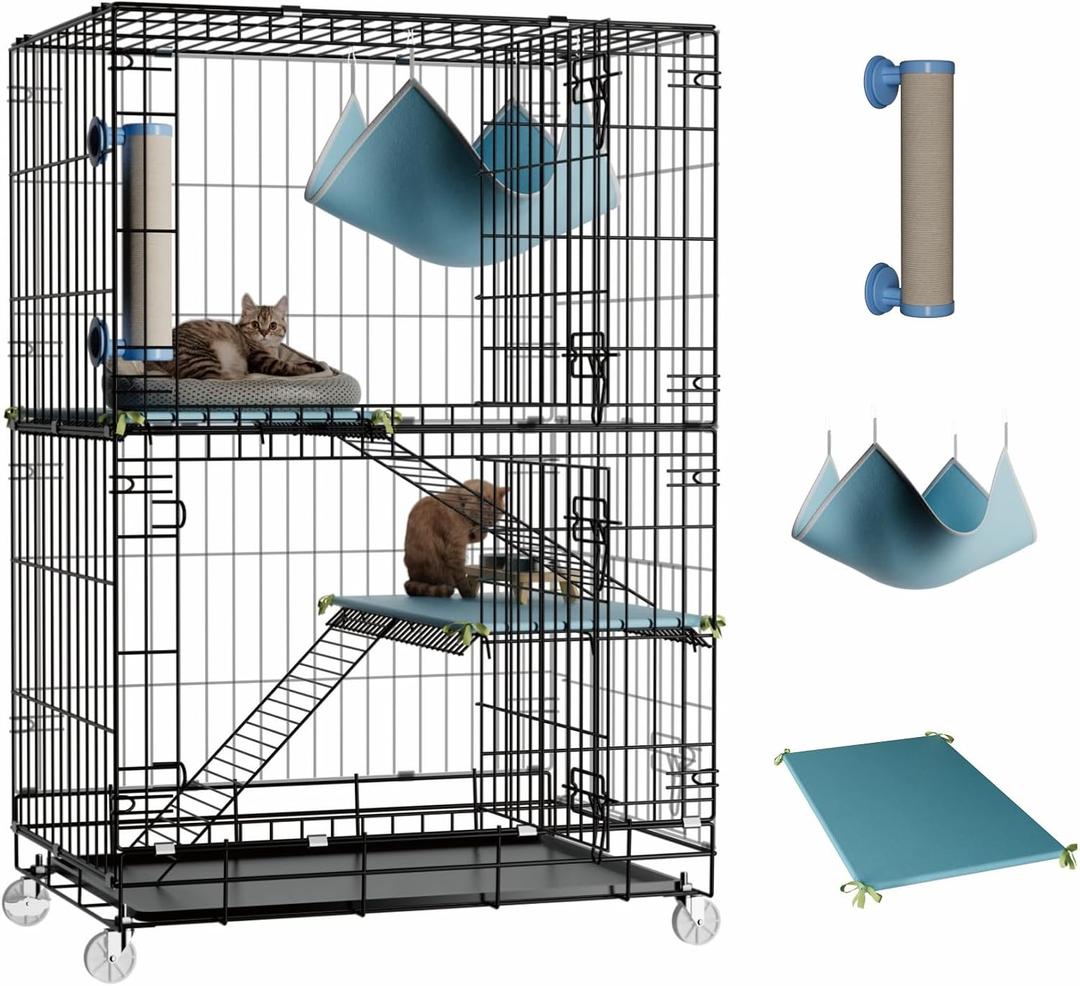 3-Tier Cat Cage Indoor: Medium Cat Enclosure Pet Playpen Detachable Metal Wire Kennel Collapsible Crate with Scratching Post & Plush Pads & Hammock for Cats Kittens