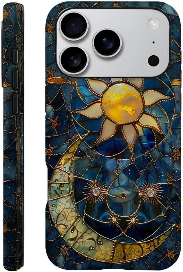 Case Compatible with iPhone 17 Pro,Fall Prevention Hybrid 2-Layer Hard Shell Phone Cover for Girls Boys,Sun Moon Celestial Glass