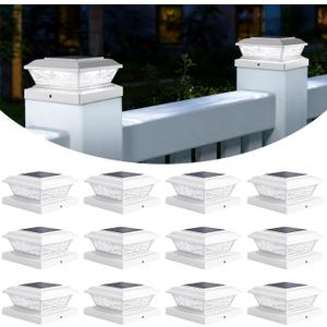 Brightever 4x4 3.5x3.5 Solar Post Cap Lights, 12-Pack Outdoor Solar Powered Fence Post Lights Fit Vinyl/Wood Posts, 2 Modes(Warm/Cool Light), Solar Waterproof Deck Post Lights for Garden, Patio, White