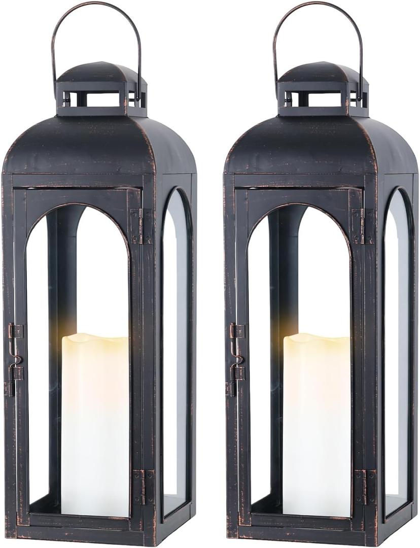 NEEDOMO Set of 2 Lanterns Decorative for Home,22''H Large LuxuryBronze Metal Hurricane Lanterns with Tempered Glass Panels for Porch,Tabletop, Mantle, Wall Hanging, Garden, Indoor & Outdoor Décor