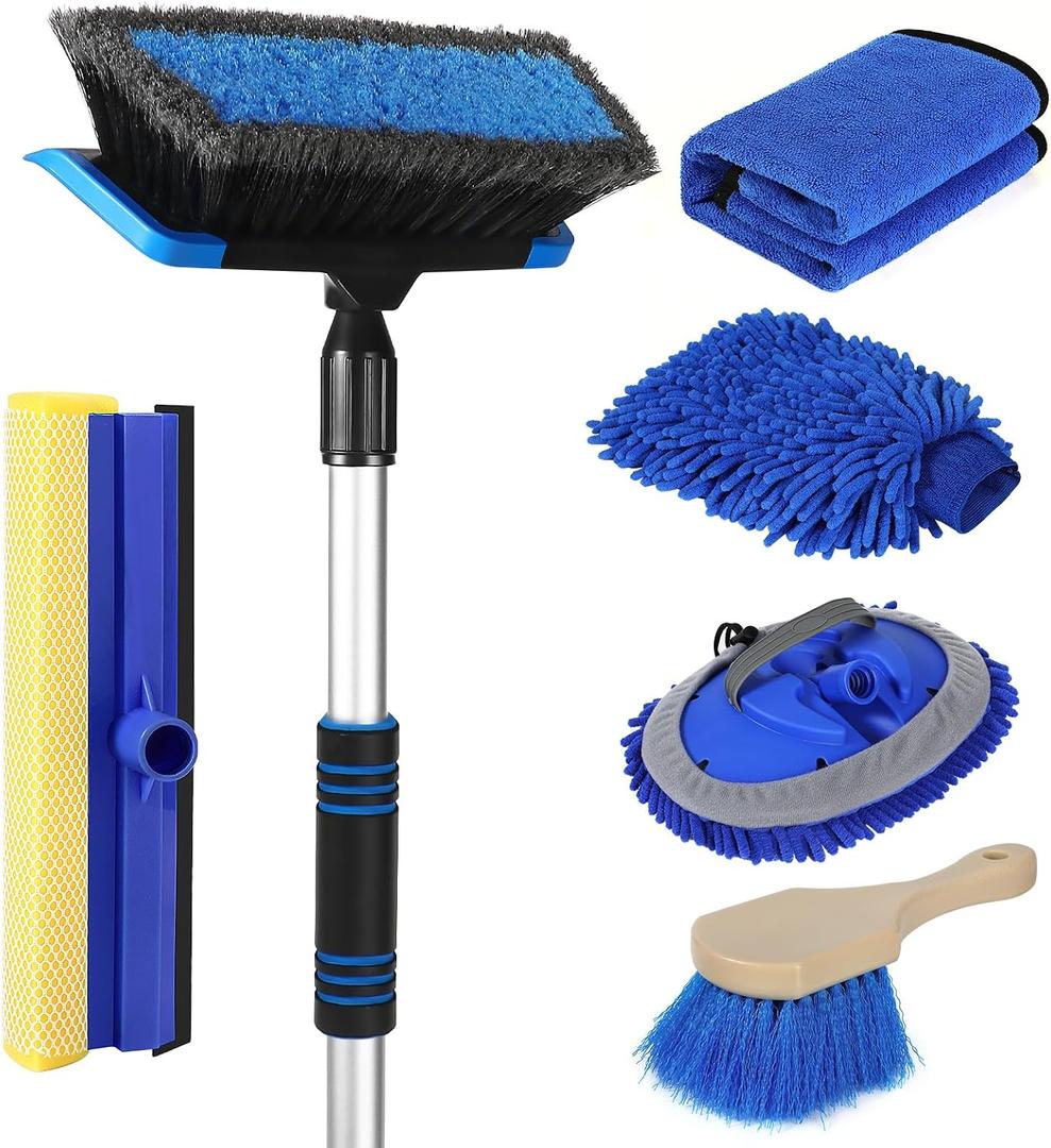  62'' Car Wash Brush with Long Handle, Scratch-Free Soft Bristles Sturdy Car Wash Mop Kit, Complete Car Cleaning Brush Kit Wash Mitt Towel Windshield Squeegee Wheel Tire Brush for Car Truck RV