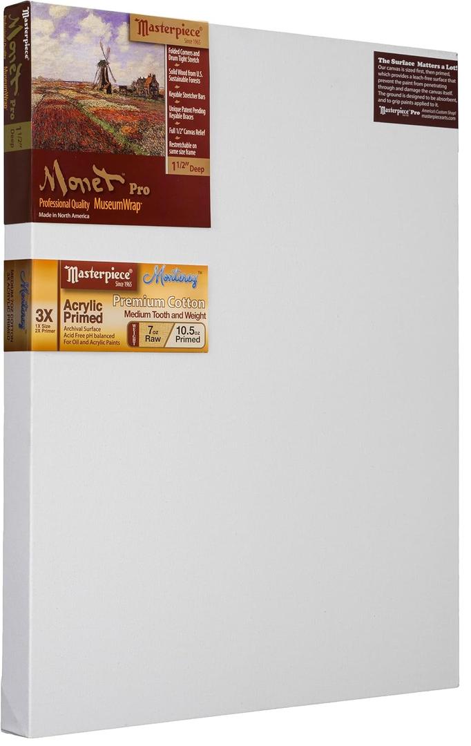Masterpiece ZSMM-1626 Monet Pro 1.5" Deep Monterey 10.5 oz Cotton Medium Texture Stretched Artist Canvas 16" x 26" 3 Pack