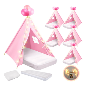 6 Pack Sleepovers Teepee Tent for Kids Bulk with Mattress Sheet Light,Natural Cotton Washable Indoor Play Tent for Birthday Slumber Party Girls Boys Pajama Movie Night Supplies(Light Pink)
