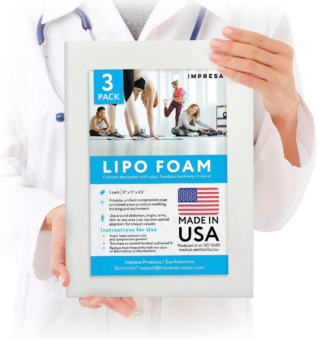 IMPRESA White Liposuction Foam Pads - 3 Pack - Aftercare for Liposuction, Tummy Tuck Surgery, and C-Sections - Great to Use with Post Surgery Compression Garments or Medical Corset (8 x 11 x 0.5 in)