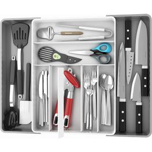 Simple Houseware Expandable Kitchen Drawer Flatware Organizer, Gray/White