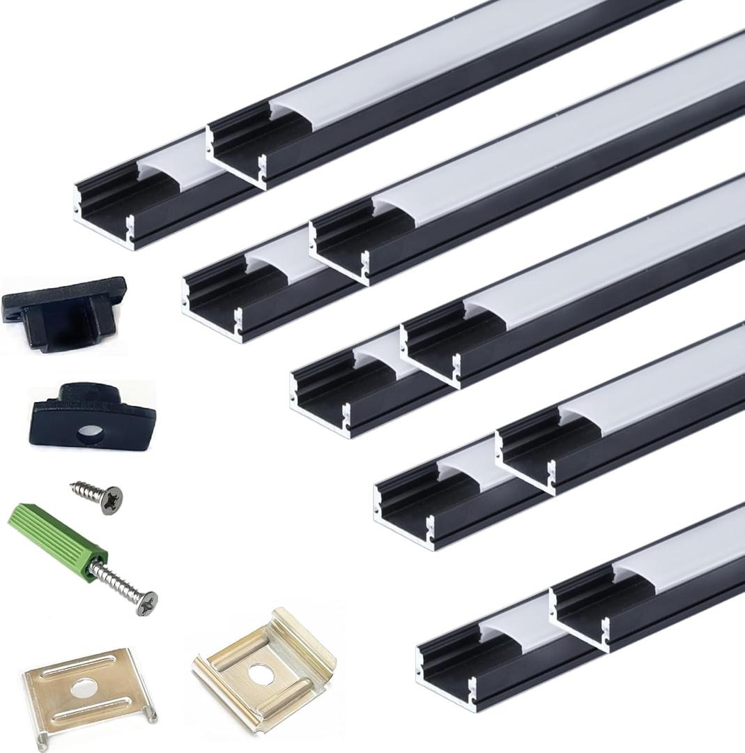 LED Strip Black U Channel Diffuser 10-Pack 6.56FT,17X7.5MM Surface Mounted Tape Light Aluminum Track with Milky Cover Cabinet,Stairs,Counter,Wall Flush Installed Low Profile