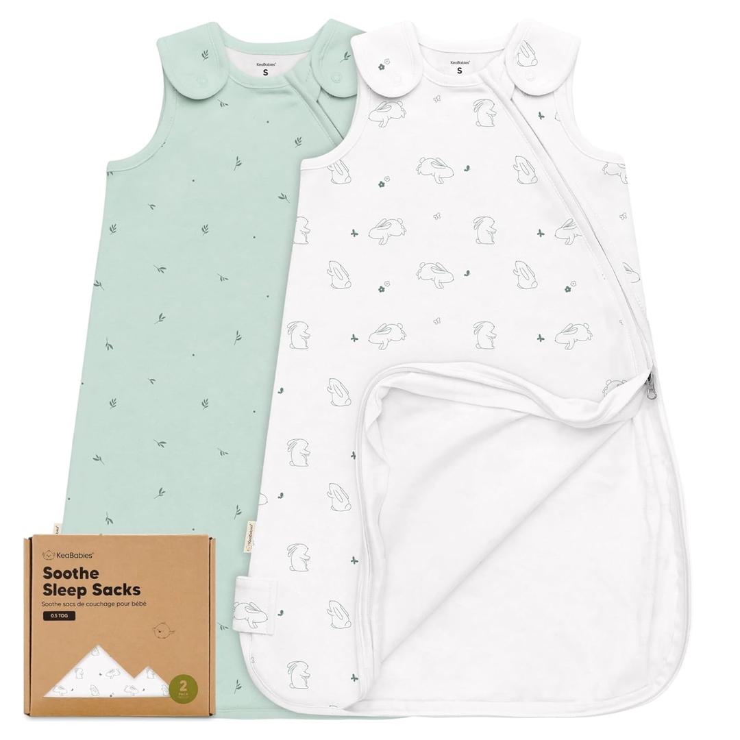 2-Pack Organic Baby Sleep Sacks, 100% Cotton - Soft & Breathable 0.5TOG Baby Wearable Blanket, Toddler Sleeping Sack 0-6 Months, Easy to Wear Transitional Swaddles for Newborns (Bunnies, S)