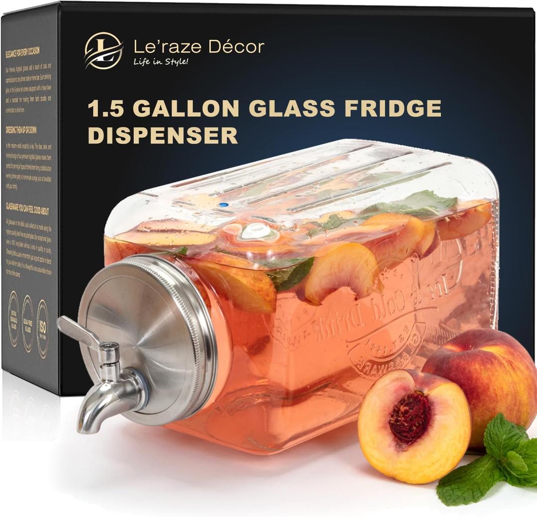 Le'raze 1.5-Gallon Glass Beverage Dispenser - Modern, Clear & Stainless Steel - Gravity Dispenser with Stainless Steel Spigot