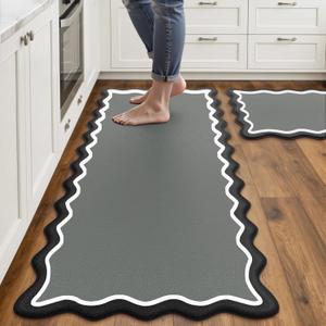 Scalloped Black Gray Kitchen Mats Rugs Sets of 2 Cushioned Anti Fatigue Floor Mat Waterproof Kitchen Rugs Non Slip Foam Comfort Standing Mat for Sink Laundry (17.3"x30"+17.3"x47")