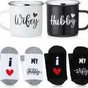 Domensi 4 Pack Hubby and Wifey Gifts Wifey and Hubby Enamel Couples Coffee Mugs Couples Socks for Bride Engagement Groom Wedding Gifts