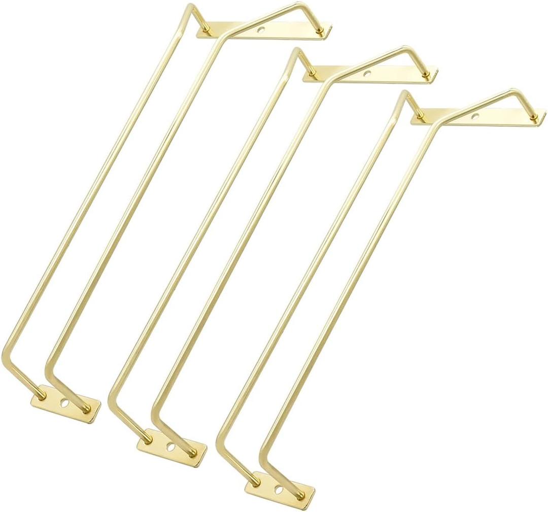 12-Inch Gold Wine Glass Rack, Under Cabinet Wine Glass Holder Stemware Rack - Hanging Stemware Holder for Cabinet Kitchen Bar, Set of 3