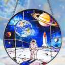 Stained Glass Window Hanging Suncatchers with Armstrong's Moon Landing 12.6", Vibrant Glass Panel with Metal Chain for Home Decor Gift for Women Mother's Day, Birthday, Men, and Mom