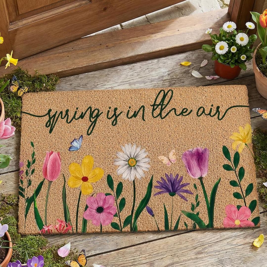 Duraaamo Spring is in The Air Coir Doormat Outdoor Spring Floral Welcome Mat Outdoor Door Mat Flower Non Slip Floor Doormat for Indoor Entrance Front Porch Decor, 24 x 16 Inch
