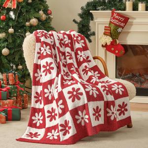 Snuggle Sac Checkered Blanket, Red Flower Throw Blanket for Christmas Couch Plaid Microfiber Fluffy Warm Cozy Fuzzy Soft Reversible Checkerered Blankets for Sofa, Chair, Bed, 50x60 inches