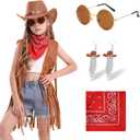 Cowgirl Outfits Costume for Girls 6 Pcs Kids Western Outfit Cowboy Hat Tassel Fringe Vest Earring for Halloween Party (11-12 Years, Khaki)