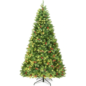 Happygrill 7.5 Feet Christmas Tree Hinged Artificial Christmas Tree with Sturdy Metal Stand Pine Cones and Red Berries, 1526 Branch Tips Xmas Tree for Home Office