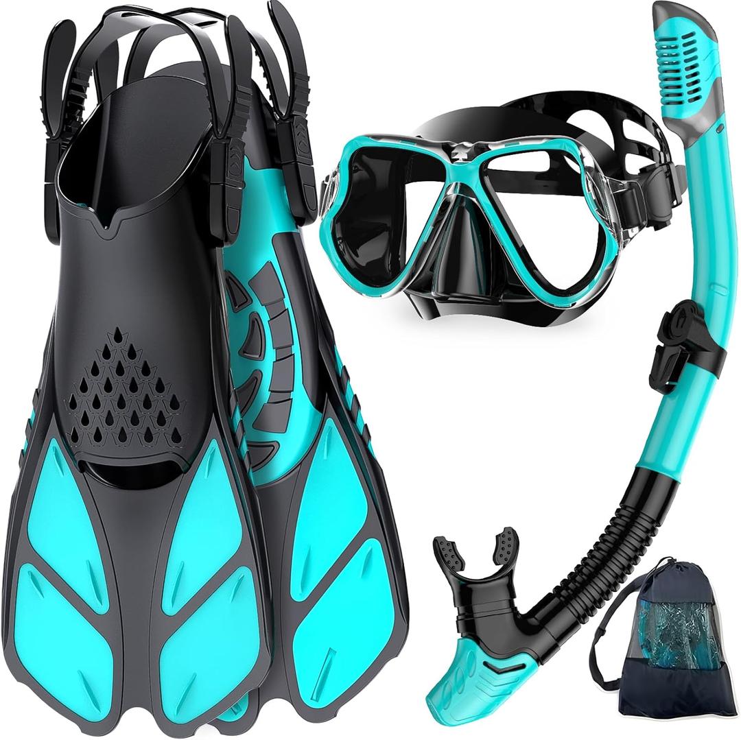Zenoplige Mask Fins Snorkel Set, Snorkeling Gear for Adults, Panoramic View Snorkel Mask Anti-Fog, Adjustable Dive Flippers, Dry Top Snorkel and Travel Bag, Scuba Gear for Swimming Snorkeling Diving (Green Black). Size S/M