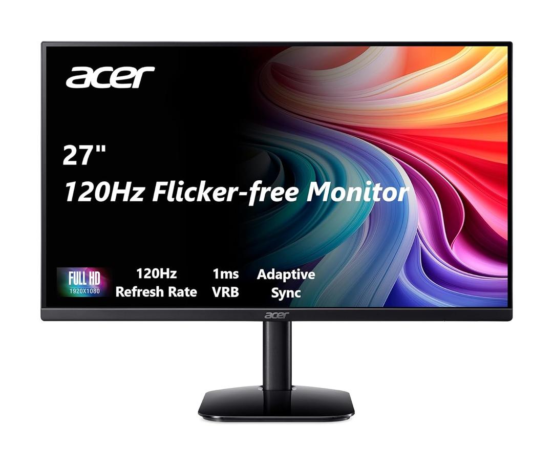 Acer 27 Inch Monitor- KB272-27 Inch FHD IPS (1920 x 1080) Display, Up to 120Hz Refresh Rate, 99% sRGB, Tilt, Adaptive-Sync Support (FreeSync Compatible) 1ms (VRB), sRGB 99% Color, HDMI & VGA Ports