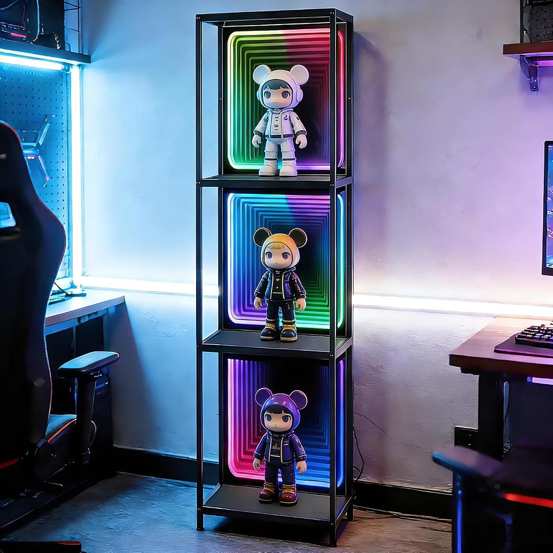3 Tier Storage Cabinet with LED Infinity Mirror Light,RGBW,Black | LED storage cabinet with adjustable color temp.Showcases action figures ,collectibles for bedrooms, offices, gaming rooms