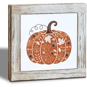 Fall Decor, Rustic Pumpkin Wood Signs, Fall Decors for Home Office Coffee Station, Pumpkin Harvest Sign, Wooden Box Sign for Desk Table Shelf Decoration, Seasonal Decorative Signs 5.9x5.9 inches (Autumn 01)