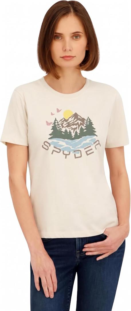 Spyder Women's Mountain Sunset Graphic Short Sleeve Tee T-Shirt (Beige, S)