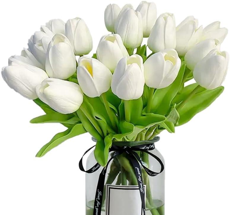 20pcs White tulips artificial flowers Silk Flowers Fake tulips Flowers Mother's Day Easter ValentineS Day Gifts in Home Kitchen Wedding Dining Table Decorations (A-white)