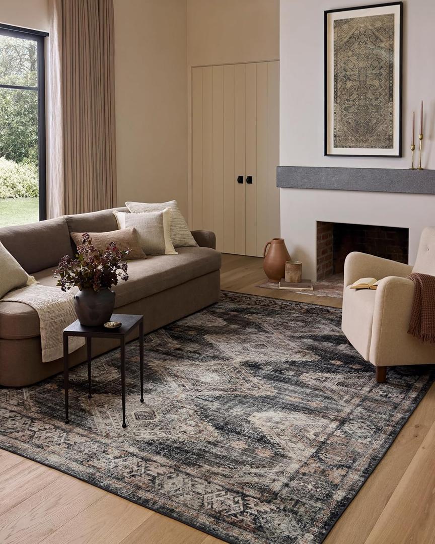 Loloi Amber Lewis Josie Collection JOS-04 Ink/Earth 2'-6" x 10'-0", .13" Pile Height, Low Profile, Machine Washable, Runner Rug