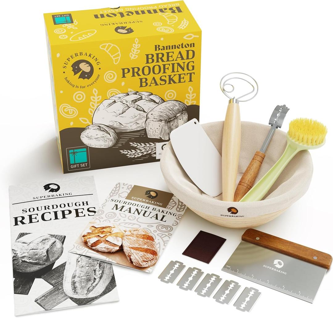 Superbaking 9' Round Banneton Bread Proofing Basket Gift Set Sourdough Starter Kit for Crusty Artisan Style Loaves, Includes Essential Bread Baking Supplies & Tools - Ideal Gift for Bakers