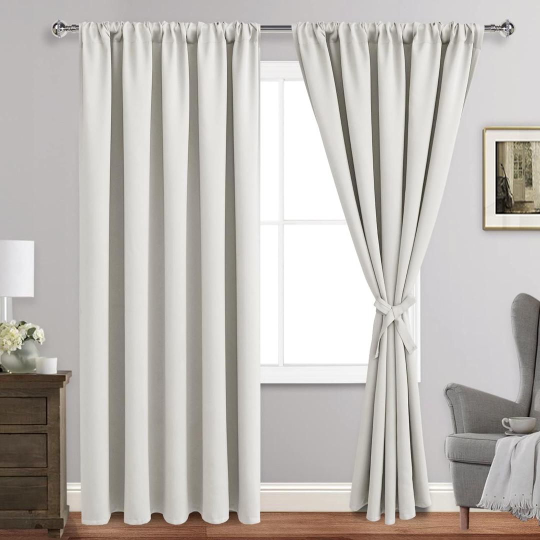JIUZHEN Blackout Curtains for Bedroom - 60 Inch Extra Wide Thermal Insulated Room Darkening Privacy Soundproof Curtains for Living Room, Set of 2 Panels with Tiebacks, 60 x 84 inches, Ivory