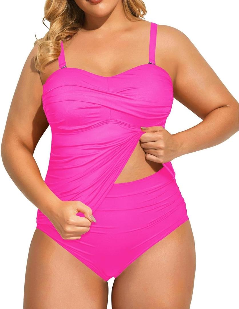 Aqua Eve Women Two Piece Plus Size Tankini Strapless Bathing Suits Bandeau Swimsuits with High Waisted Bottom (Hot Pink)