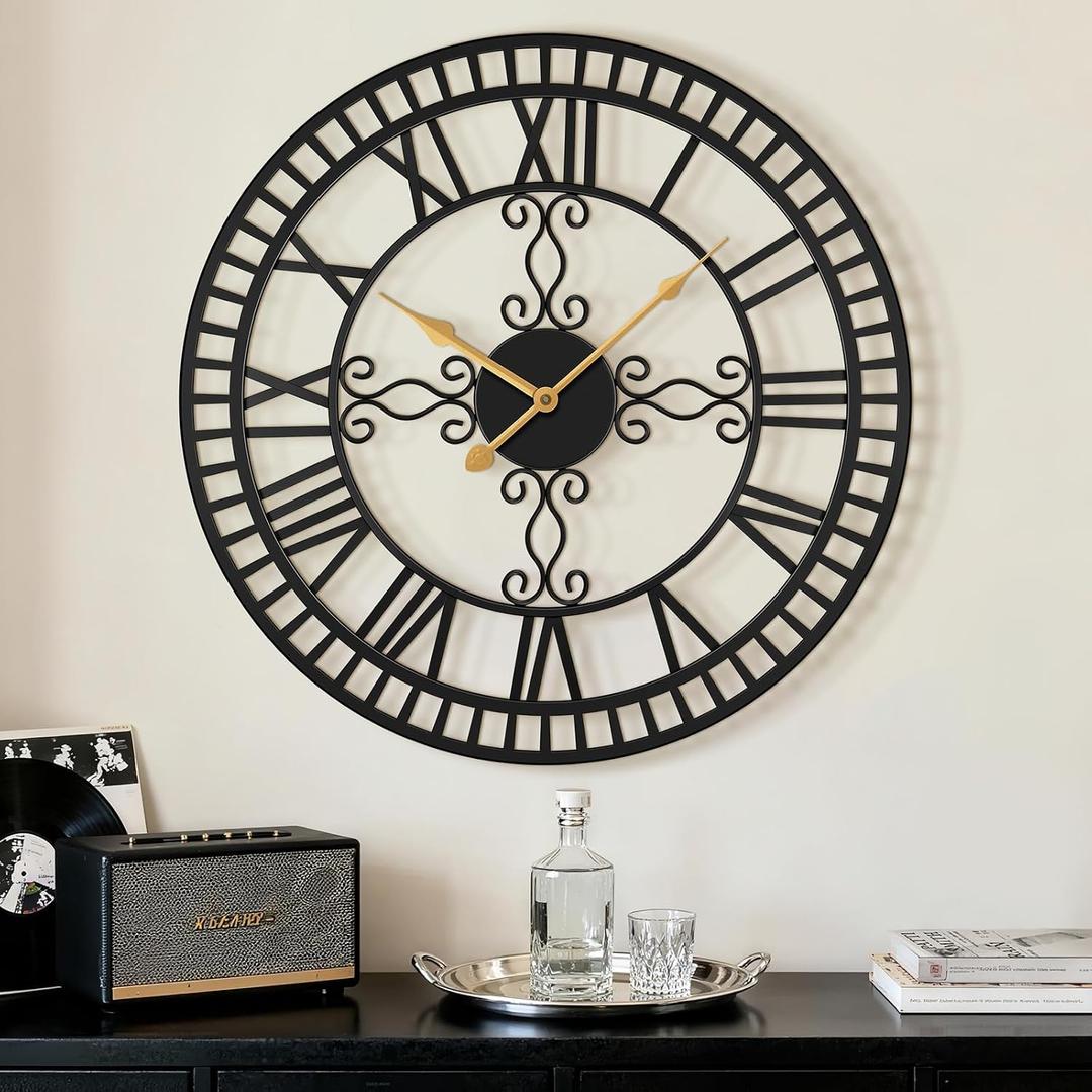 30 Inch Large Wall Clock Decorative for Living Room, Black Metal Roman Numeral Big Clock Completely Silent, Oversized Wall Clocks Battery Operated for Kitchen, Bedroom, Fireplace
