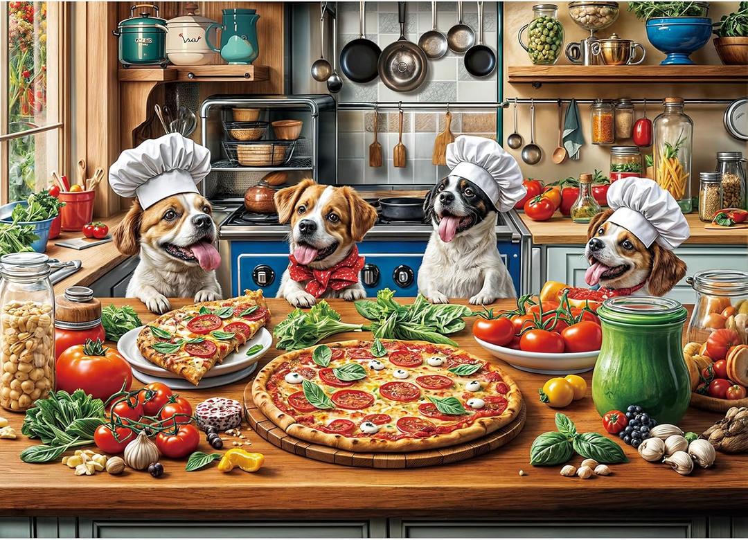 Funny Dog Pizza Jigsaw Puzzle, 1000 Piece Puzzle for Adults, Food Kitchen Puzzles, Animal Pet Lover Challenging Puzzles, Interlock Perfectly No Dust, Gifts for Mother's Father's Day
