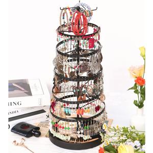 6 Tier Rotating Jewelry Organizer Stand, 230 Holes Earring Holder Organizer for Women Girls, Spinning Earring Tree with Ring Holder, Wide Base for Bracelets Watches Lipstick, Metal,6-Tier,Black