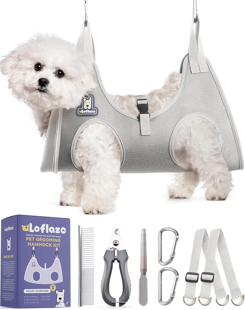 Dog Grooming Hammock Harness for Dogs & Cats with Pet Nail Clipper Trimmer - Cat Hanger Sling for Trimming Clipping Nails- Dog Hammock Restraint Bag for Small Medium Large pet  Grey S  (S ( Legs Distance : 5-12 " / Max W30lb ))
