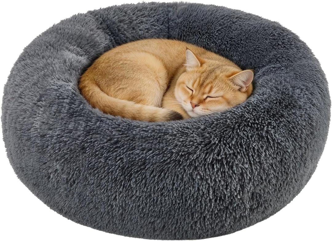 Dog Calming Beds for Small Medium Large Dogs - Round Donut Washable Puppy Dog Bed, Anti-Slip Faux Fur Fluffy Donut Cuddle Anxiety Cat Pet Bed(20" Dark Grey)
