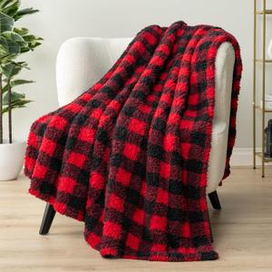 PAVILIA Sherpa Throw Blanket for Couch Sofa, Black Red Checkered Fluffy Warm Plush Blanket for Bed, Cozy Super Soft Lightweight Throw, Fuzzy Decorative Blanket, All Season Home, 50x60